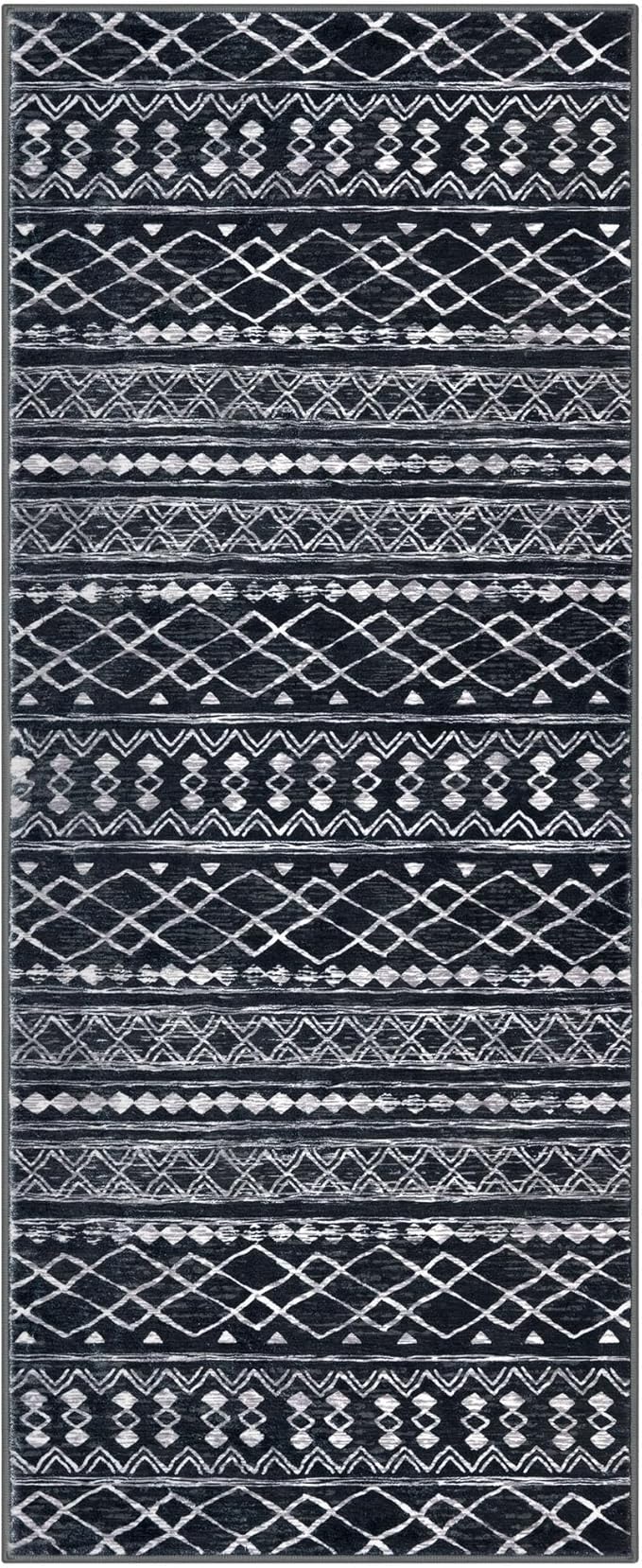 KUTA Moroccan Washable Hallway Runner Rug, 2x6 Non-Slip Vintage Black Boho Rugs Kitchen Runners Ultra Soft Distressed Geometric Floor Carpet for Bedroom Laundry Living Room