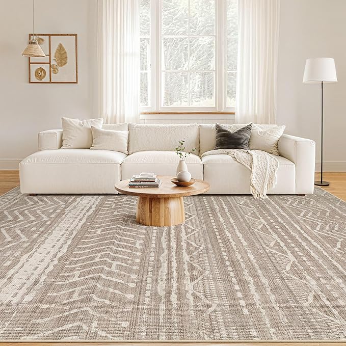 Nakagishi 12x15 Area Rug Living Room: Washable Boho Large Neutral Modern Soft Farmhouse Rugs Stain Resistant Indoor Floor Non-Slip Carpet for Bedroom Kids Playroom Office Dining Room- Dark Brown