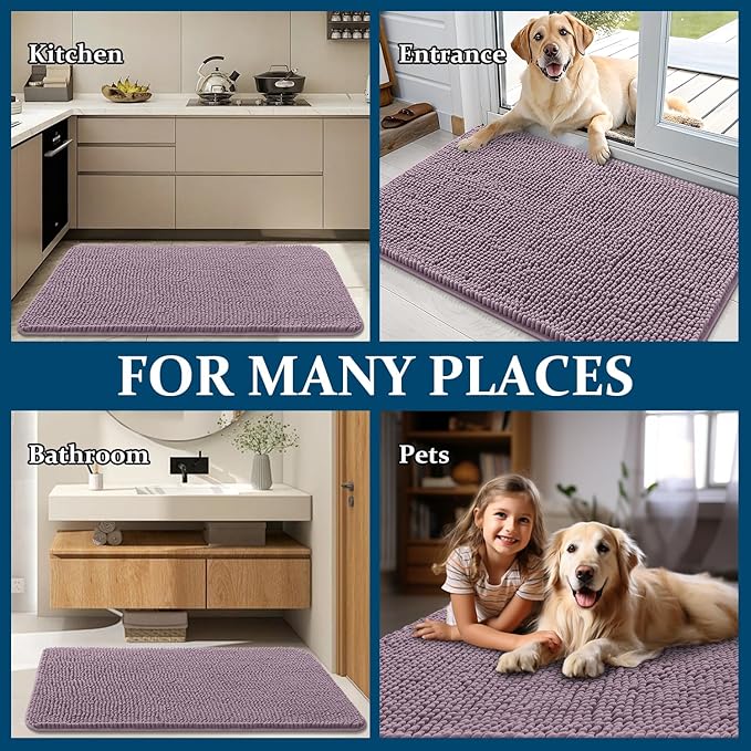 OLANLY Dog Door Mat for Muddy Paws 70x35, Absorbs Moisture and Dirt, Absorbent Non-Slip Washable Doormat, Quick Dry Chenille Mud Mat for Dogs, Entry Indoor Entryway Carpet for Inside Floor, Deep Plum