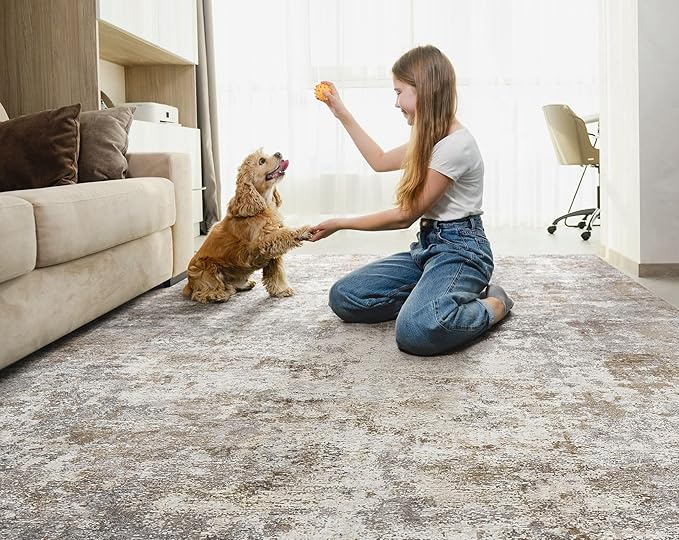 6x9 Area Rug Living Room Rugs - Washable Neutral Modern Abstract Soft Thin Large Rug Indoor Floor No Slip Rug Carpet for Bedroom Under Dining Table Home Office Decor - Brown Grey