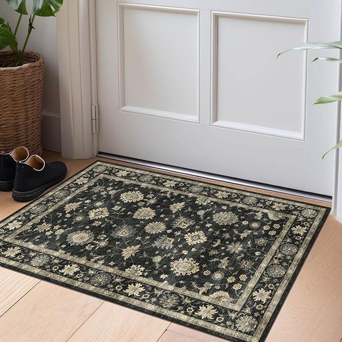 2x3 Washable Entry Rug - Small Entryway Area Rug Non-Slip Door Mat Indoor Entrance Charcoal Black Vintage Floral Kitchen Rug Low Pile Boho Throw Rugs for Entryway Bedroom Bathroom