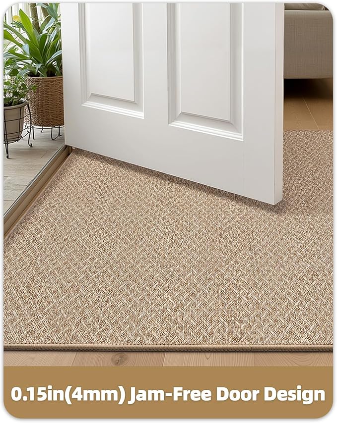 Color&Geometry Ultra Thin Indoor Door Mat Non Slip Rubber Backed Dirt Trapper 36"x56"(Rolled-up NO Creases), Rugs for Entryway, Front Door Mat Indoor Washable Low-Profile Entry Mat, Khaki