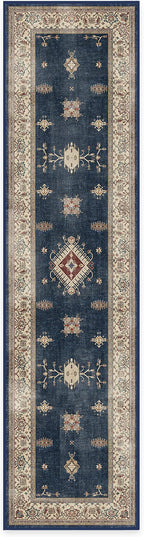 RUGGABLE Washable Vintage Runner Rug – Verena Sapphire 2.5x10, Stain-Resistant, Non-Slip Hallway Runner – Machine Washable Rug for Hallway, Entryway, Living Room & Kitchen–with Cushioned Pad