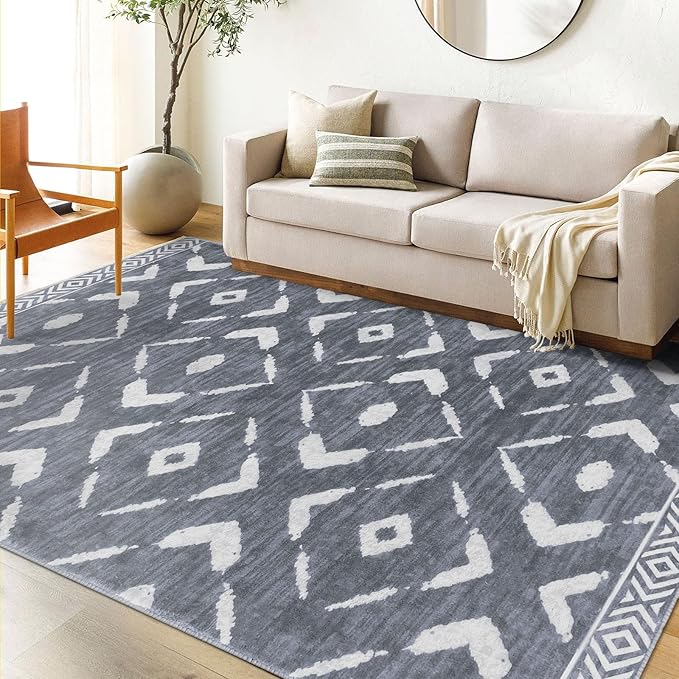 KILOCOCO Living Room Rug 5x7 Area Rug Printed Boho Washable Bedroom Rugs Non Slip Soft Large Moroccan Rubber Backed Indoor Rugs for Dining Room Office Farmhouse Geometric Carpet,Dark Grey