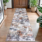 Modern Abstract Hallway Runner Rug, Grey Orange Multi 2x8 Runner Rug, Washable Kitchen Runner Non-Slip Soft Thin Print Faux Wool Carpet for Entryway Bedroom Laundry Room Indoor