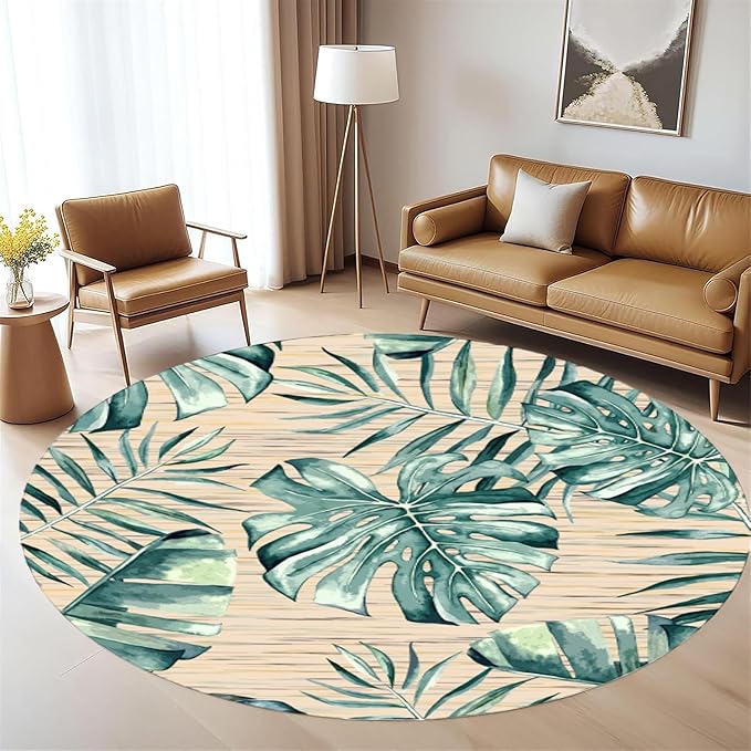 Tropical Leaf Round Area Rug 3.3ft - Green Beige Watercolor Design Indoor Carpet, Soft Non-Slip Floor Mat for Living Room Bedroom Office, Easy Clean Modern Decor