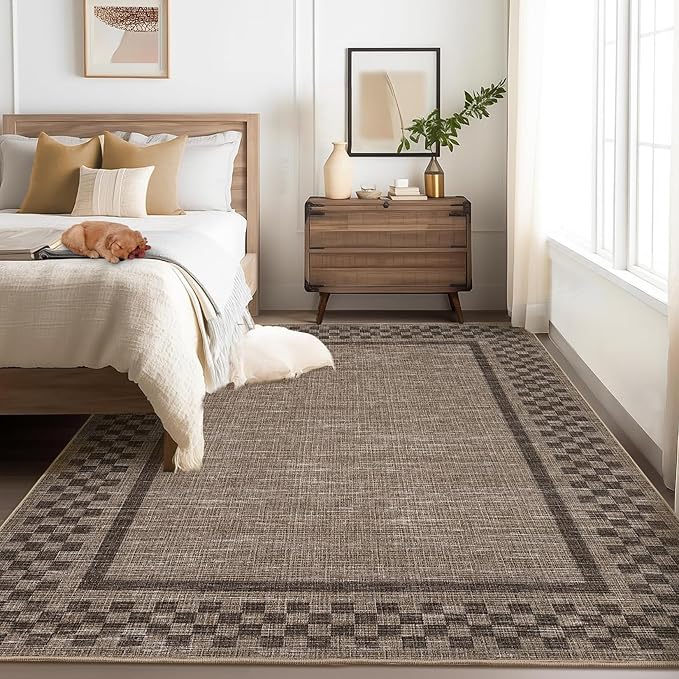 GarveeHome 4x6 Rug Small Washable Living Room Rug Modern Bordered Area Rugs with Rubber Backing Soft Non Slip Low Pile Dining Room Throw Carpet Checkered Geometric Mats for Bedroom Kitchen, Brown