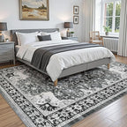 DEXI 10x14 Area Rug for Living Room, Washable Vintage Farmhouse Thin Rug Indoor Floor, Non Slip Stain Resistant Low Pile Carpet for Dining Room Bedroom Office, White Grey