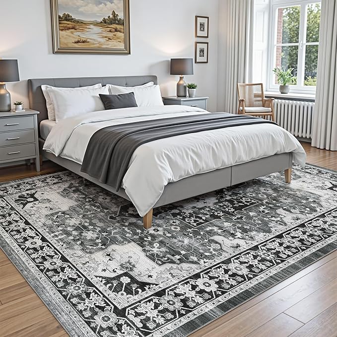 DEXI 8x10 Area Rug for Living Room, Washable Vintage Farmhouse Thin Rug Indoor Floor, Non Slip Stain Resistant Low Pile Carpet for Dining Room Bedroom Office, White Grey