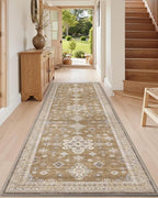 DEXI Hallway Runner Rug 3x8, Distressed Non Slip Runners Carpet, Boho Vintage Soft Thin Indoor Rug, Stain Resistant Washable Entry Mat for Entryway Kitchen Laundry Room Living Room, Light Brown