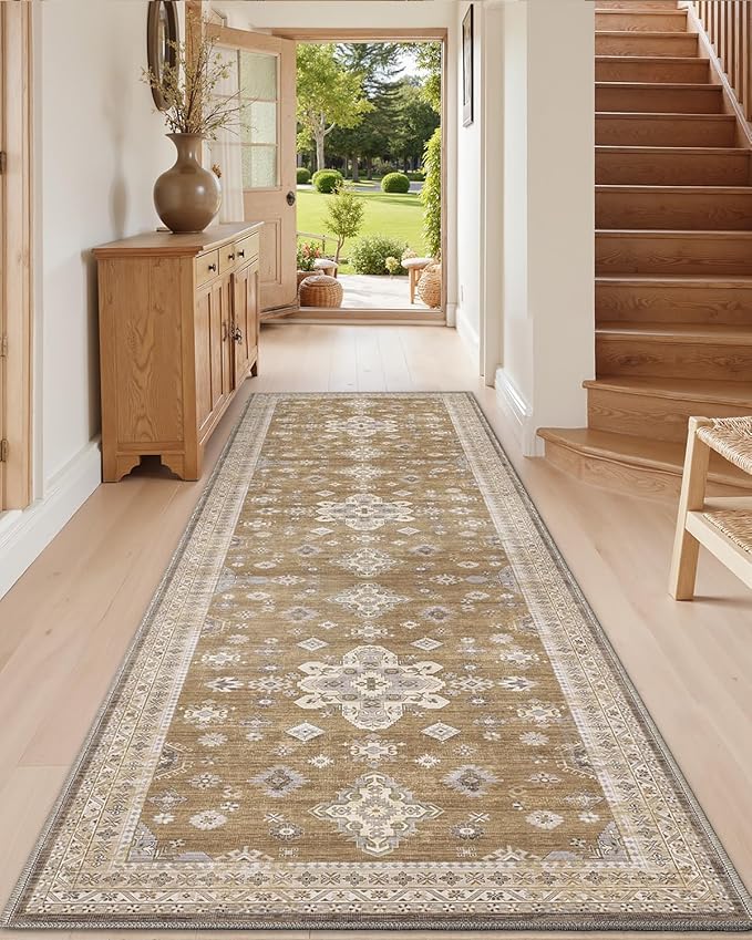 DEXI Hallway Runner Rug 3x12, Distressed Non Slip Runners Carpet, Boho Vintage Soft Thin Indoor Rug, Stain Resistant Washable Entry Mat for Entryway Kitchen Laundry Room Living Room, Light Brown