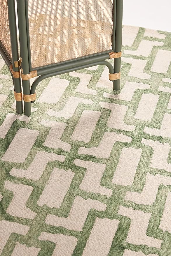 Hand-Tufted Wool Marengo Rug in Green – Modern Geometric Pattern Carpet for Living Room & Bedroom – Durable & Soft– 4 x 4