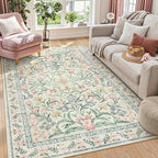 Lahome Boho Rugs for Living Room 5x7, Machine Washable Area Rugs Non-Slip, Vintage Floral Soft Kids Bedroom Carpet Rug for Home Girls Playroom Foyer Entryway, Beige/Multi