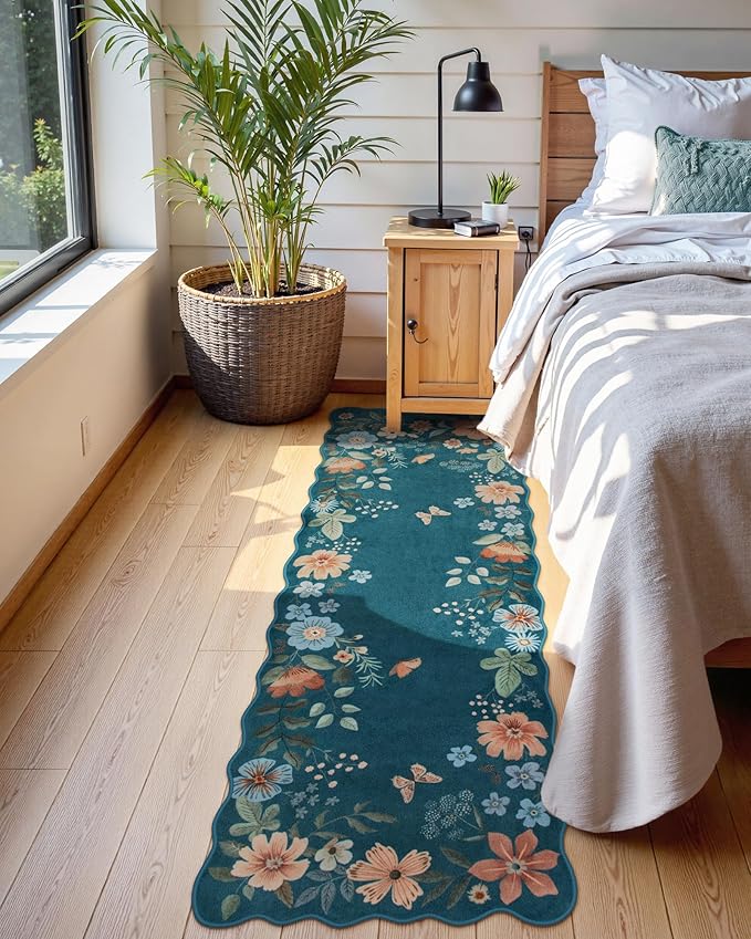 Lahome Floral Washable Runners for Hallways, 2x5 Kitchen Runner Rug Ultra-Thin, Non-Slip Stain Resistant Boho Low-Pile Carpet Runner for Bathroom Bedroom(2x5ft,Navy Blue)