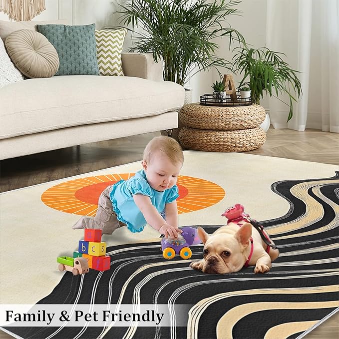 Boho Sun Area Rugs 6x9ft, Watercolor Mountain Fluffie Rugs for Living Room, Abstraction Deco Nursery Rug with Under Rug Non Slip Tape for Bedroom Kids Room