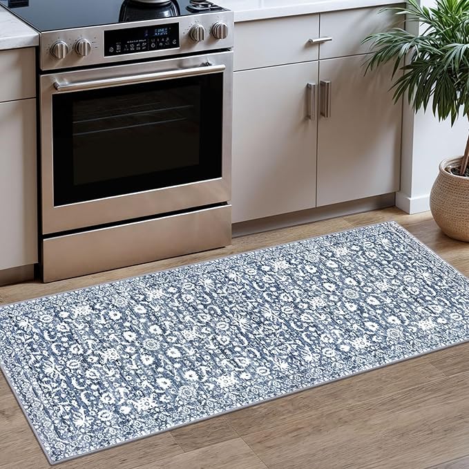 Vintage Floral 2x5 Runner Rug, Light Blue White Washable Kitchen Runner Rug Non-Slip Hallway Rug Runner Super Soft Thin Printed Faux Wool Carpet for Entryway Bedroom Bedside Laundry Room Indoor