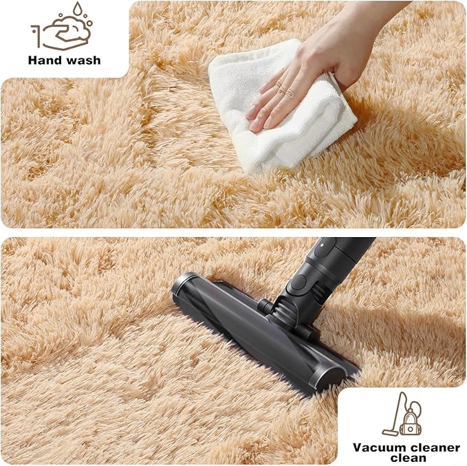 2x3 Light Tan Rugs for Bedroom Living Room, Fluffy Small Area Rug Soft Shag Carpet for Kids Boys and Girls Room with 4 Rugs Non-Slip Stickers Dorm Home Decor (2ft x 3ft)