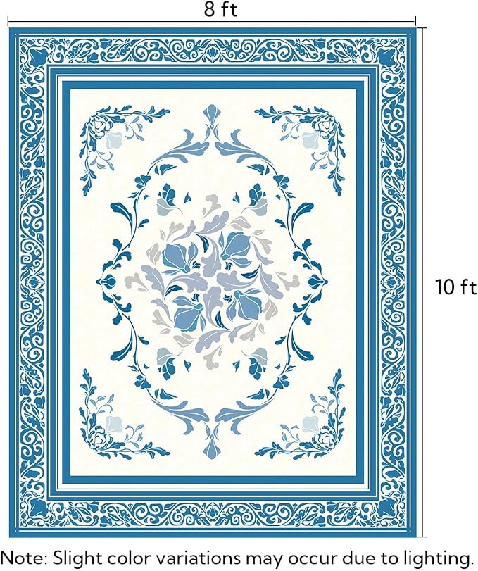SOULFUL Medium Pile 8x10 Rugs for Living Room - Cozy Soft Underfoot Large Area Rug - Blue Boho Floral - Washable Non-Slip - Perfect for Bedroom Kids Room Under Dining Table Office