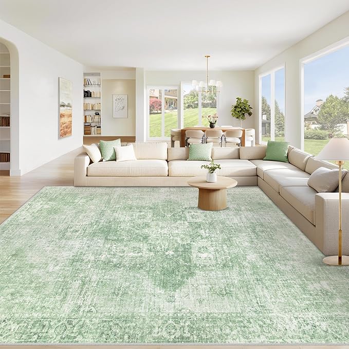 Area Rug 8x10 Washable Rug, Vintage Boho Medallion Rugs Non-Slip Soft Low Pile Large Distressed Rug Indoor Retro Carpet for Living Room Bedroom Dining Room Home Office (Sage Green, 8'x10')