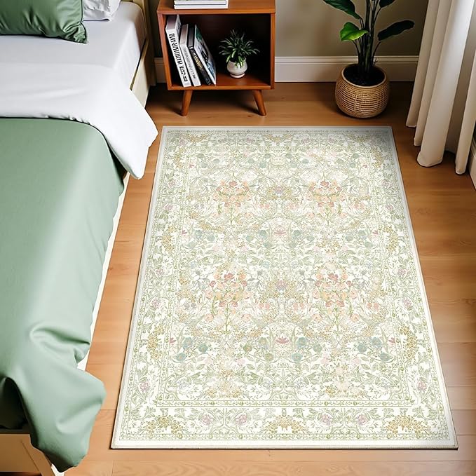 Boho Sage Green Bedside 3x5 Washable Rug for Bedroom, Thin Botanical Vintage Area Rug for Large Entry, Dorm, Kitchen, Foyer, Mudroom, Laundry - Cottage Core Low Pile Non Slip Indoor Front Door Carpet