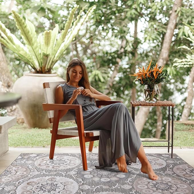 CAMILSON Indoor Outdoor Rug 9x12 Bohemian Medallion Floral Area Rugs for Indoor and Outdoor Patios Easy-Cleaning Non-Shedding Living Room Garden and Kitchen Washable Outside Carpet (9 x 12 / Beige)