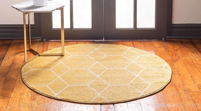Unique Loom Trellis Frieze Collection Area Rug - Geometric (6' Round, Yellow/ Ivory)