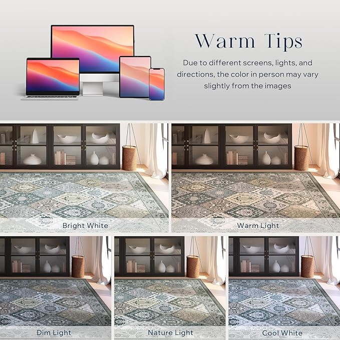 Phantoscope Washable Area Rug 4'x6' Non-Slip, Vintage Boho Rugs for Living Room, Bedroom, Dining Room, Distressed Moroccan Mosaic Diamond Pattern, Low-Pile Foldable Floor Carpet, Grey Charcoal