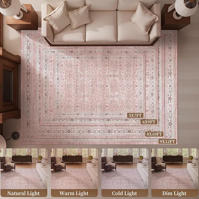 MontVoo-Vintage Area Rug 5X7 Pink Rugs for Living Room-Soft Distressed Printed Rugs for Bedroom-Non Slip Carpet-Machine Washable Rug for Dining Room Living Room Bedside Office