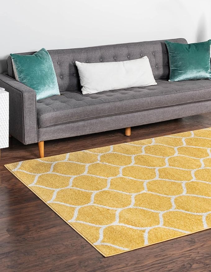 Rugs.com Lattice Frieze Collection Rug – 8' x 11' Yellow Medium Rug Perfect for Living Rooms, Large Dining Rooms, Open Floorplans