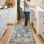 Lahome Bohemian Floral Medallion Area Rug - 3x5 Vintage Teal Distressed Entry Throw Rug Turkish Faux Wool Accent Rug Non-Slip Washable Low-Pile Carpet for Bathroom Entrance Living Bedroom