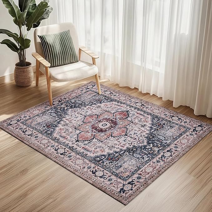 PURRUGS Vintage Farmhouse Boho Throw Rug 3x5 ft, Non-Slip Machine Washable Rug, Accent Oriental Area Rug for Entryway, Kitchen, Bedroom, Living Room and Dining Room, Coral Red/Marine Blue