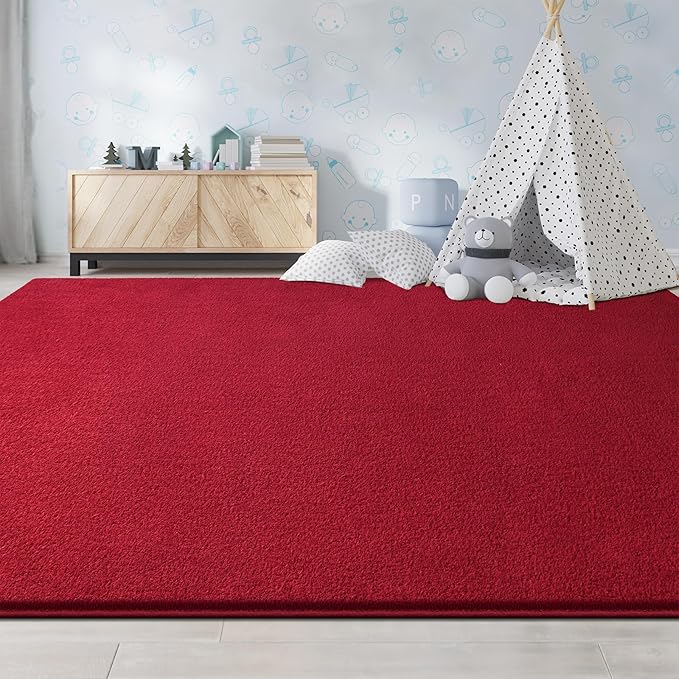 Large Area Rugs for Living Room Bedroom, 7x10 Feet Burgundy Red Rug, Minimalist Modern Shag Rug, Soft Thick Memory Foam Indoor Carpet, Non-Slip Washable Rug for Boys Girls Dorm Nursery Room Home Decor