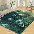 Peacock Feather Rugs for Living Room - 5x7 Rug, Peacock Decor Area Rugs for Bedroom, Teal Turquoise Rug, Plant Washable Carpet, Malachite Green Feather Carpet - Peafowl Home Decor & Gifts