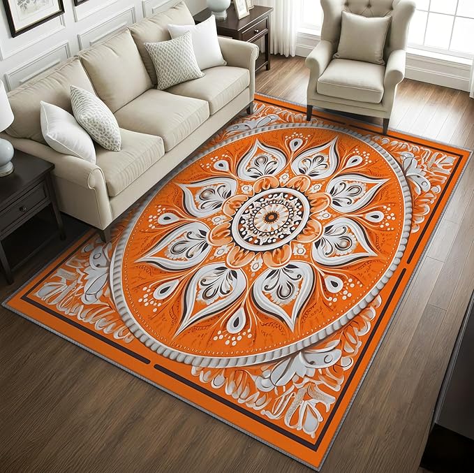 Mandala Rugs 5x7 -Orange Mandala Rug, 4x6 ft, Vintage Meditation Living Room Rug, Hippie Spiritual Washable Area Rugs for Bedroom, Boho Vintage Floral Home Decor & Gifts