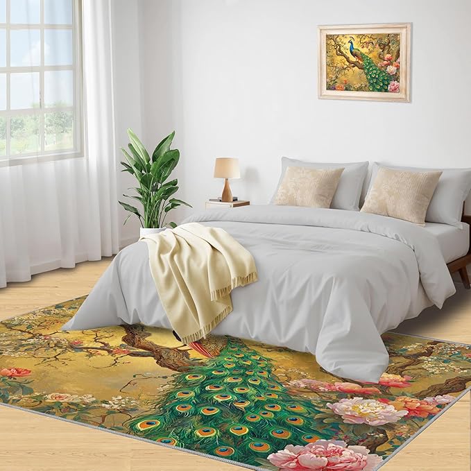 Peacock Peony Rugs for Bedroom - 6x8 Rug, Classic Peacock Peony Area Rugs for Living Room, Oriental Carpet, Floral Plant Washable Area Mat, Aesthetics Carpet - Peafowl Home Decor & Gifts