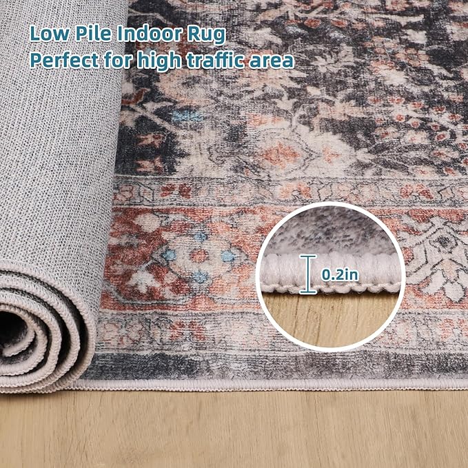Dripex Vintage Washable Area Rug - 5x8 Distressed Rugs for Living Room Bedroom Oriental Medallion Floral Print Carpet Low-Pile Indoor Soft Non-Slip Accent Rug Farmhouse Office Home Decor