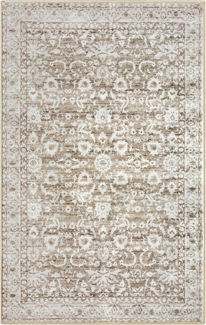 Vintage 4x6 Living Room Washable Rug, Beige Tan White Non-Slip Soft Bedroom Area Rug Thin Printed Faux Wool Floor Super Soft Carpet Throw Rugs for Nursery Playroom Dining Room Indoor Office
