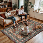 U'Artlines Christmas Boho Vintage Area Rug 5x7 Machine Washable Low Pile Ultra-Thin Soft Floor Carpet Non Slip Non Shedding Accent Rug for Living Room Bedroom Entryway Dining Room Office(Rust＆Teal)
