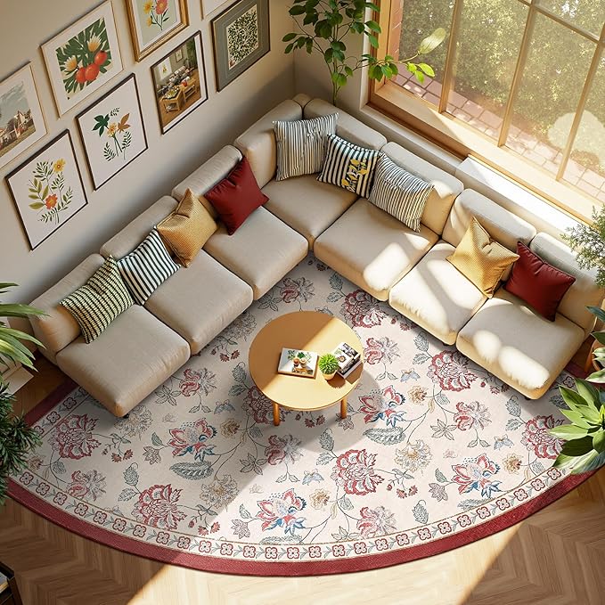 jinchan Elora Floral Corner Rug for Living Room Washable Bedroom Rug Vintage Romance Design Non Slip Quarter Circle Lightweight Low-Pile Throw Carpet for Reading Nook Playroom,7ft Radius, Red/Beige