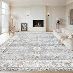 Area Rug 9x12 Living Room Rug, Machine Washable Vintage Distressed Boho Area Rug Non-Slip Soft Low Pile Large Indoor Rugs for Bedroom Kitchen Dining Room Office(Light Blue,9'x12')