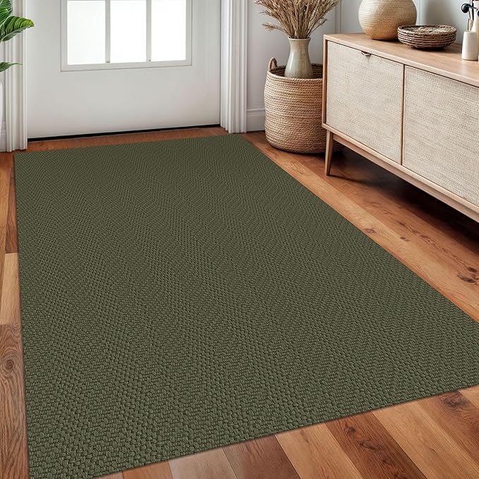 Braided Area Rug 3x5 Ft Washable Rugs for Entryway Throw Rugs with Rubber Backing Boho Door Mat Indoor Entrance Cotton Kitchen Mats Woven Front Door Carpet for Foyer Living Room, Dark Green