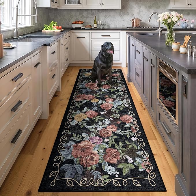 2x6 Machine Washable Runner Rug, Kitchen Hallway Area Rug Black Vintage Boho Floral Ultra Non-Slip Low Pile Soft Faux Wool Carpet, Kids and Pets Friendly for Bedroom Entryway Nursery Home Decor Rug