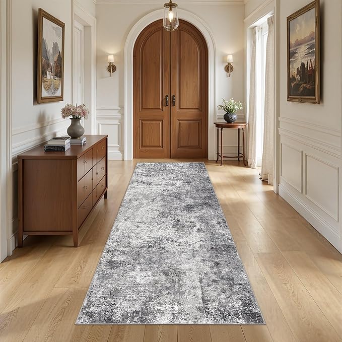 3X8 Washable Runner Rug for Hallway: Soft Neutral Modern Abstract Area Rug - Non-Slip Low Pile Long Throw Indoor Carpet for Kitchen Entryway Kitchen Bedroom Laundry Bathroom - Grey