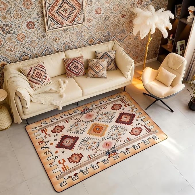 Bohemian Area Rug 3x5 Boho Decor Western Rugs for Living Room | Southwestern Native Aztec Washable Rug, Ethnic Tribal Geometric Carpet Indoor Floor Mat