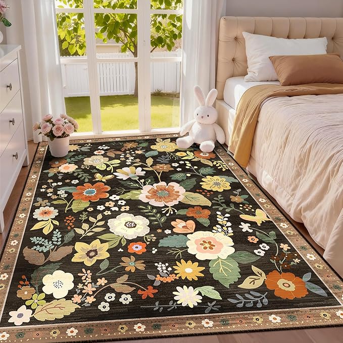Floral 3x5 Area Rug Machine Washable Soft Print Boho Carpet Non Slip Doormat Low Pile Flower Area Rugs for Living Room Bedroom Nursery Kitchen Dining Room Indoor-Black/Yellow/Red