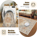 Washable Area Rug 5' x 7' Vintage Traditional Persian Mat - Foldable Distressed Non-Slip Machine Washable Carpet for Living Room Bedroom Kitchen Home Decor - Dove Gray and Coral
