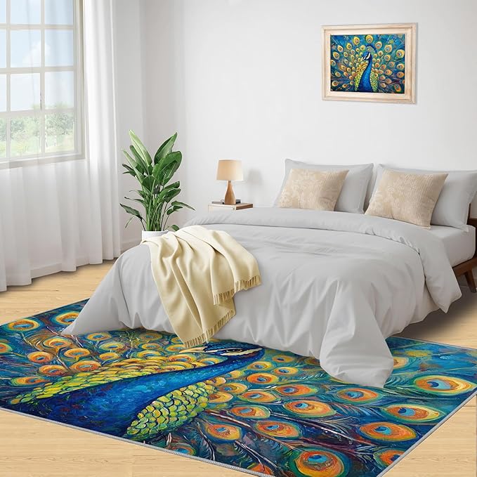 Peacock Area Rug 2x3-2x3 Rug, Wonderful Peacock Rugs for Living Room, Teal Turquoise Carpet, Peafowl Washable Area Rugs for Bedroom, Aesthetics Carpet - Peafowl Home Decor & Gifts