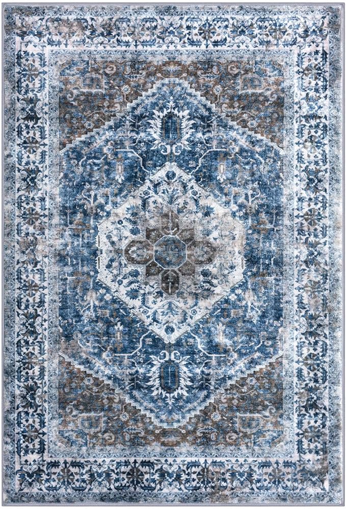 KOZYFLY Area Rug 4x6 Ft Washable Rugs for Entryway Non Slip Kitchen Mats for Floor Rugs for Living Room Printed Faux Wool Vintage Throw Rug for Entrance Bedroom Kitchen Living Room, Blue