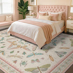 Floral Pink Rugs for Bedroom Girls 6x9 - Insect Print Cute Girly Rug for Living Room, Dining Room Under Kitchen Table, Washable Low Pile Vintage Bug Art Nouveau Home Decor
