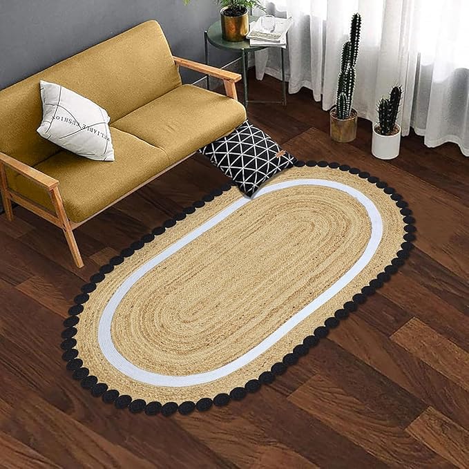 Oval Jute Runner 3x20 Flatweave Kilim Runner Hand Braided Jute Thick 0.27" Solid Pattern Black Beige Natural Oval Handmade Boho Indoor Outdoor Rugs for Hallway Enterway Stair Corridor